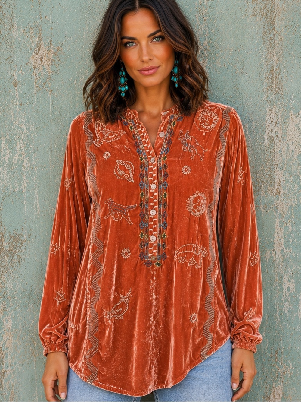 Johnny Was Lyra Velvet Zodiac Embroidered Tunic Blouse NWT RARE